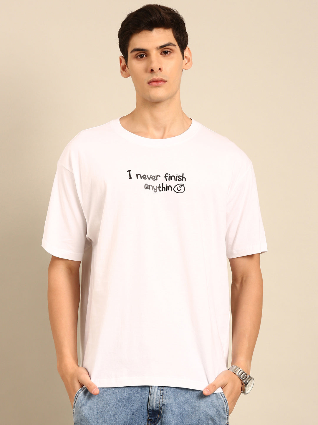 Never Finish Anything: White typography print oversized fit tshirt