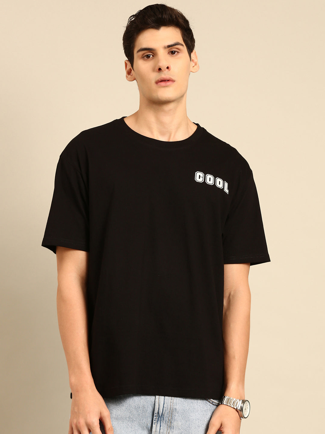 Cool: Black typography print oversized fit tshirt