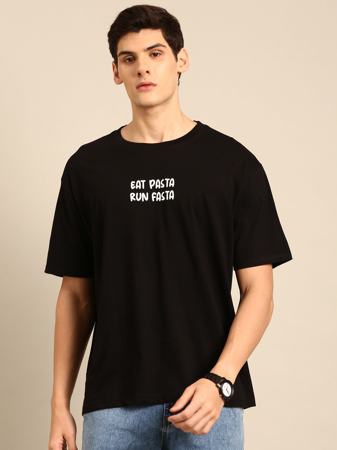 Eat Pasta: Black typography print oversized fit tshirt