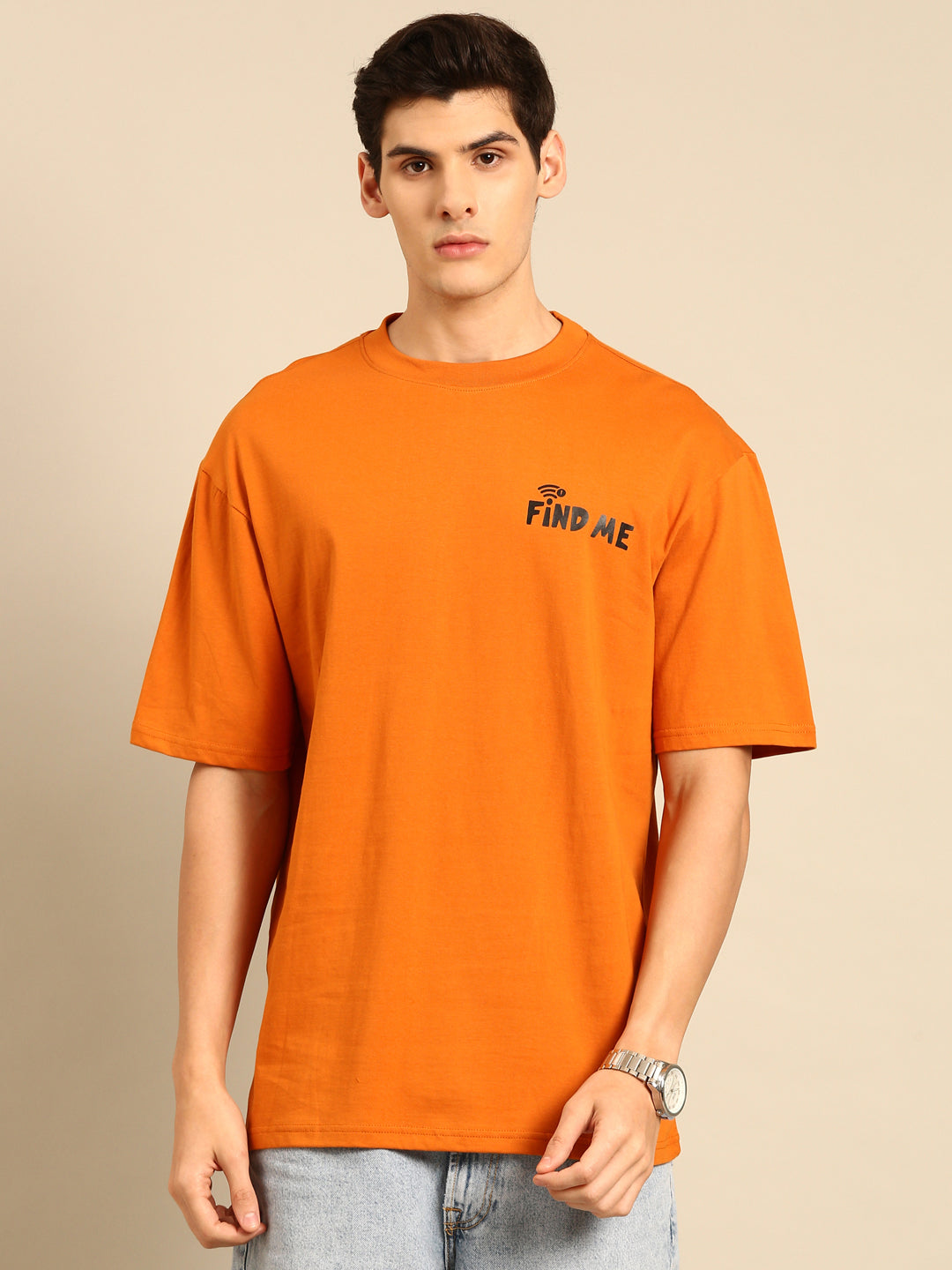 Find Me: Orange typography print oversized fit tshirt