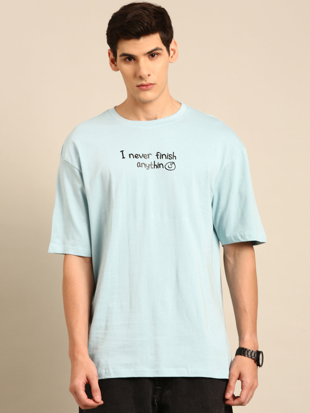 Never Finish Anything: Aqua typography print oversized fit tshirt