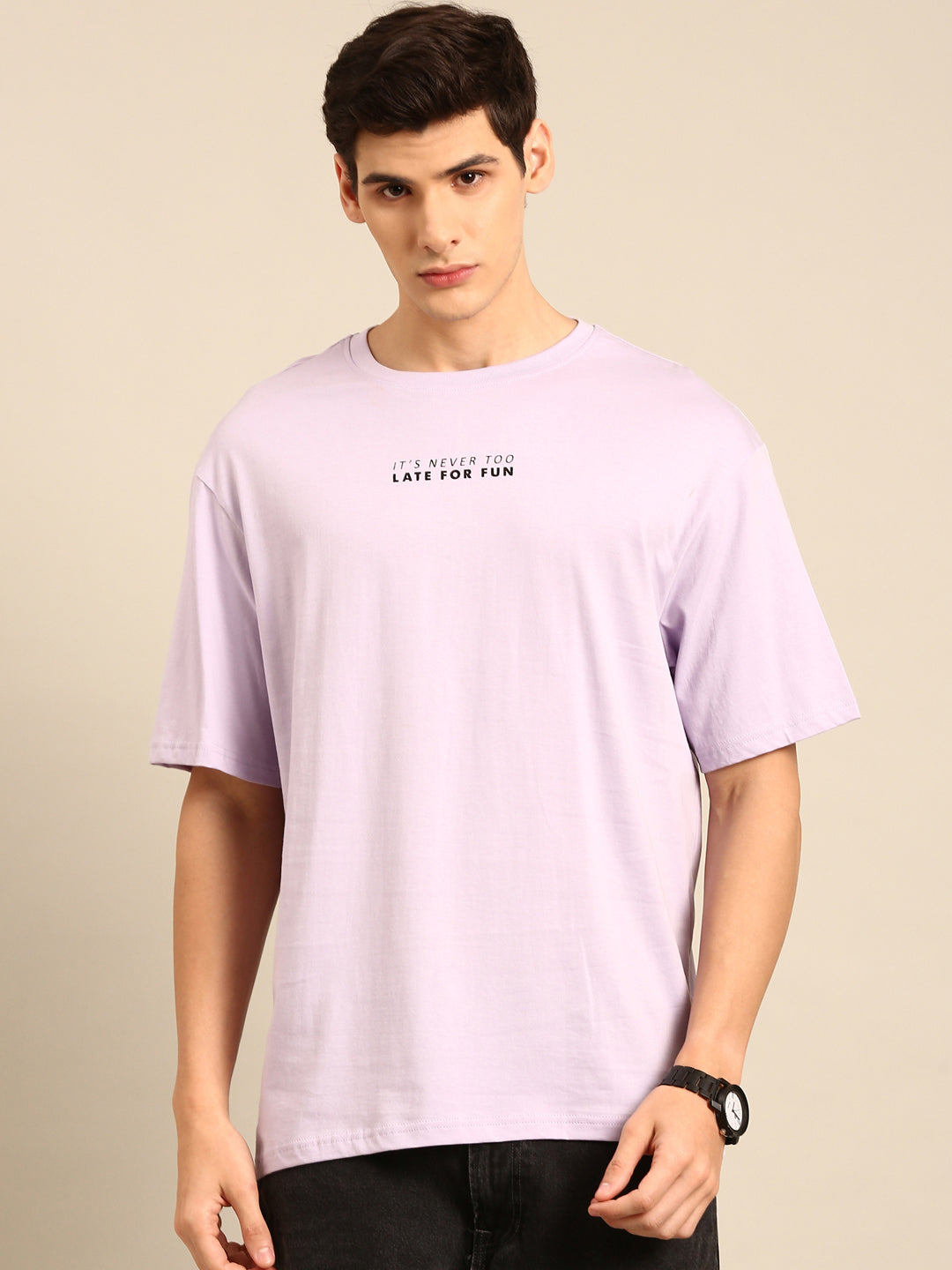 Never too Late for Fun: Lilac typography print oversized fit tshirt