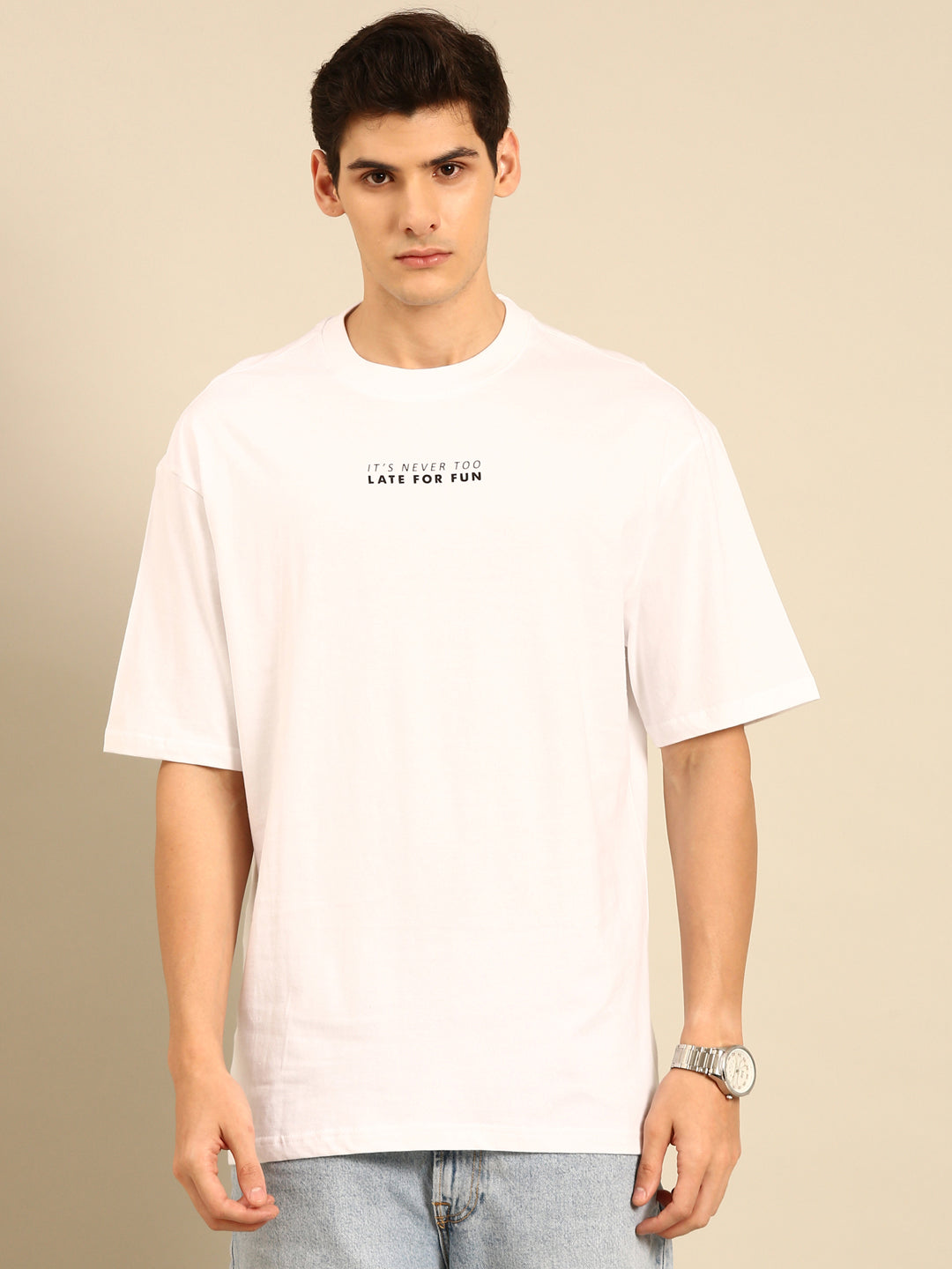 Never too Late for Fun: White typography print oversized fit tshirt