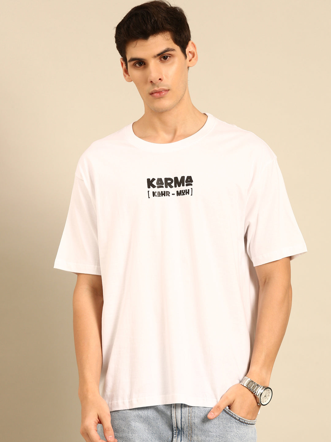 Karma: White typography print oversized fit tshirt