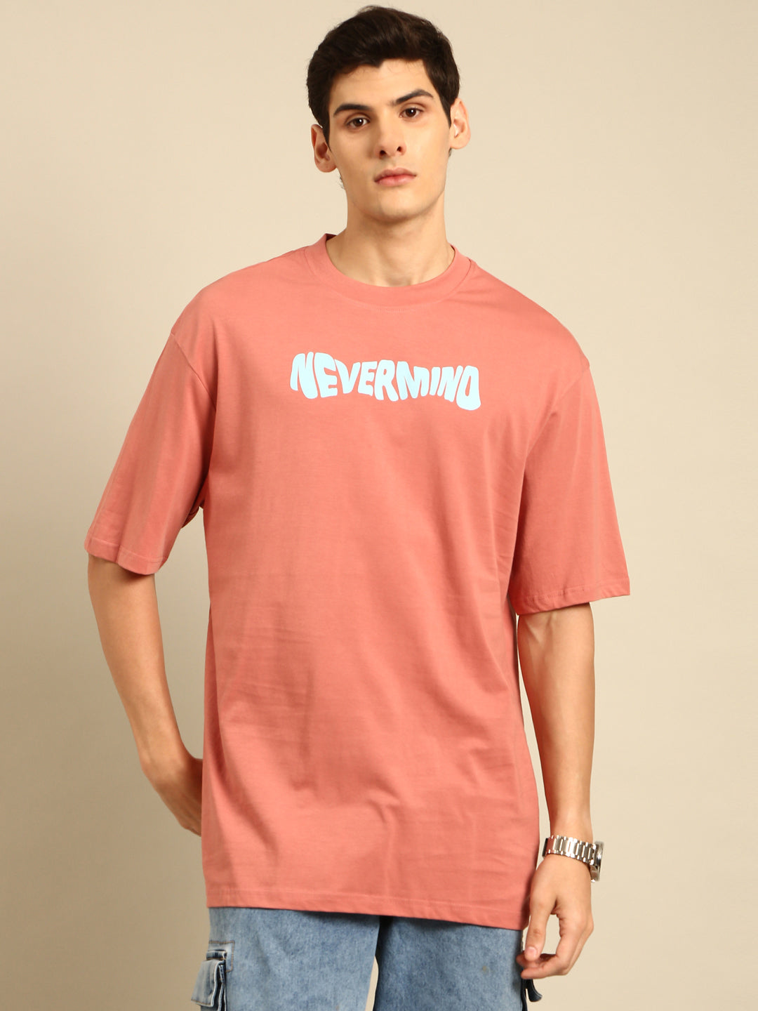 Nevermind: Pink typography print oversized fit tshirt