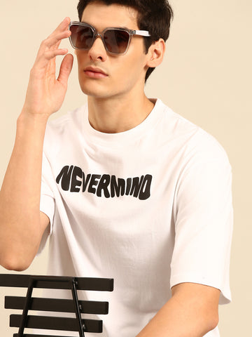 Nevermind: White typography oversized fit tshirt