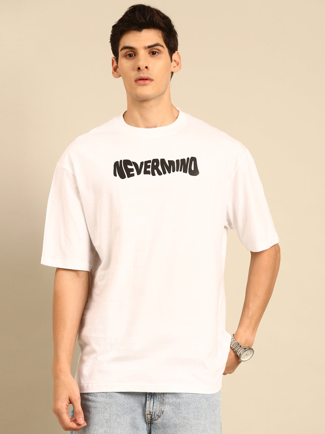 Nevermind: White typography oversized fit tshirt