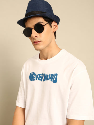 Nevermind: White typography print oversized fit tshirt