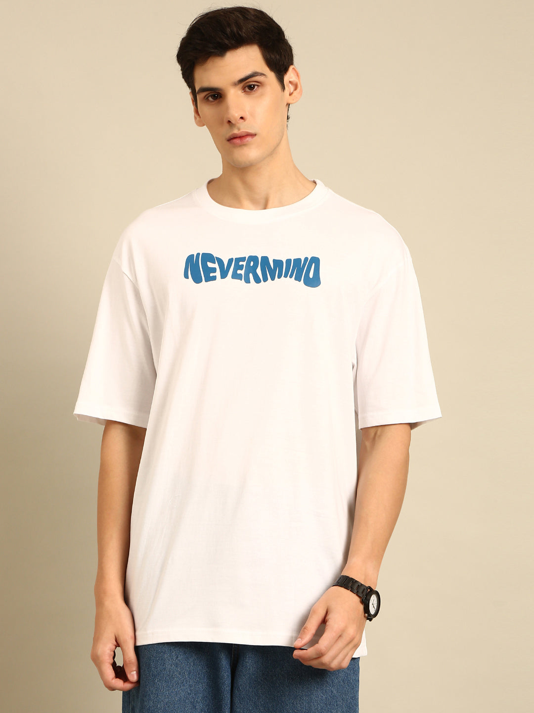 Nevermind: White typography print oversized fit tshirt