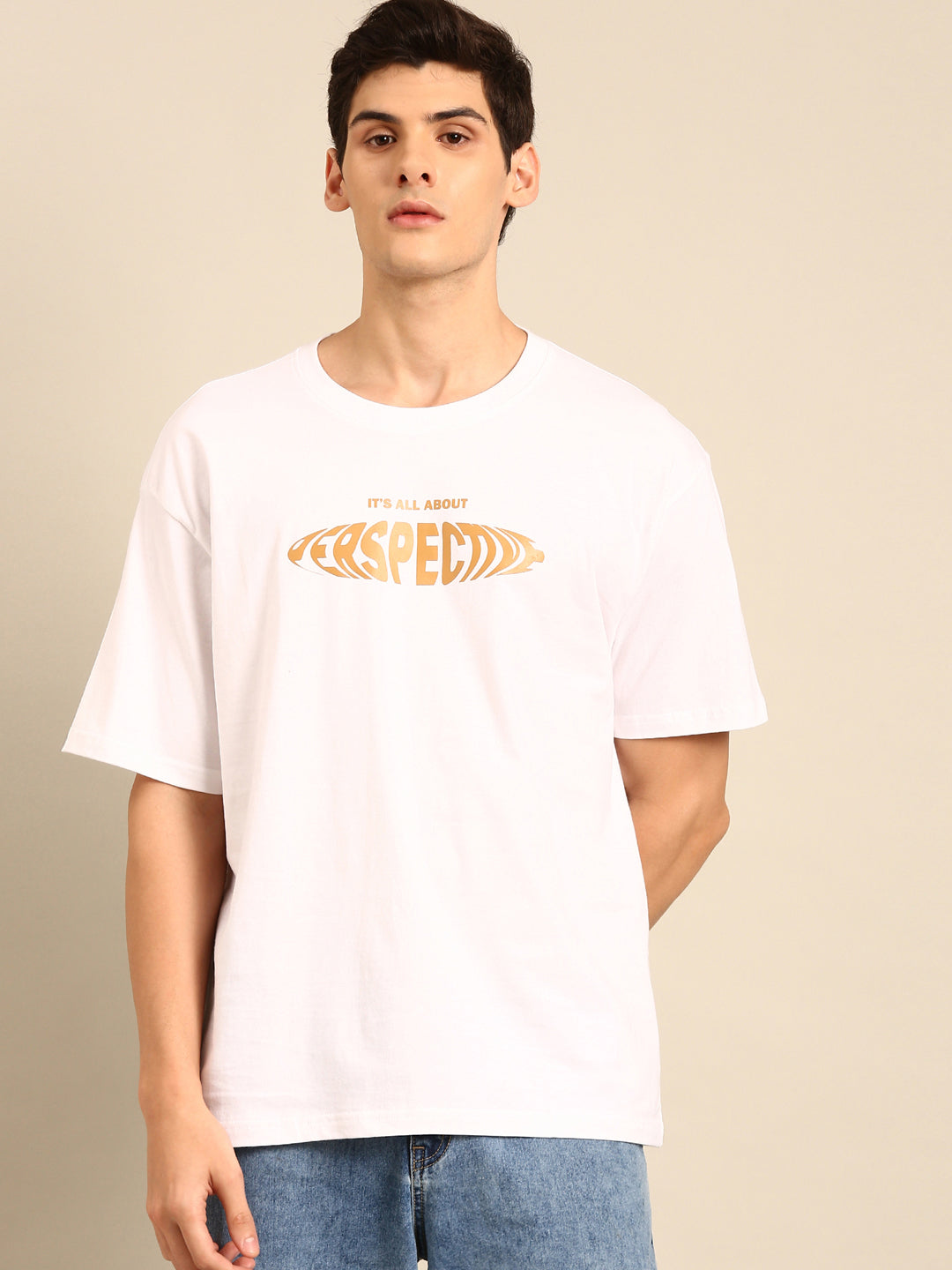 Perspective: White typography print oversized fit tshirt