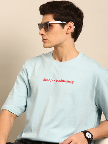 Sleep and Socialising: Aqua typography print oversized fit tshirt