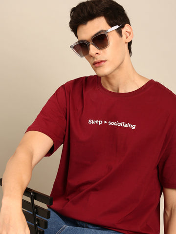 Sleep and Socialising: Maroon typography print oversized fit tshirt