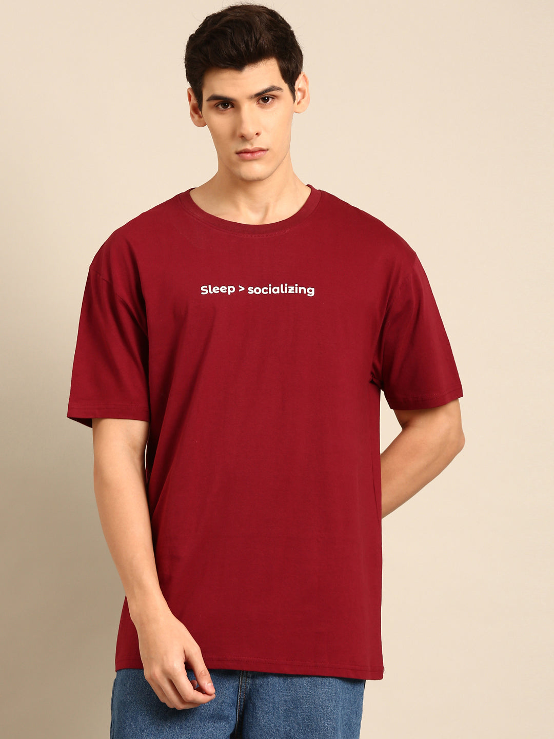 Sleep and Socialising: Maroon typography print oversized fit tshirt