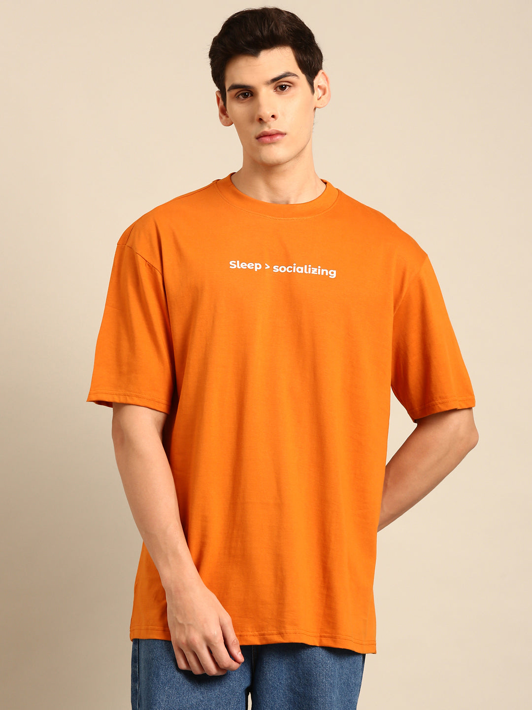 Sleep and Socialising: Orange typography print oversized fit tshirt