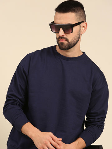 Winter Essentials: Navy Solid Oversized drop shoulder Sweatshirt