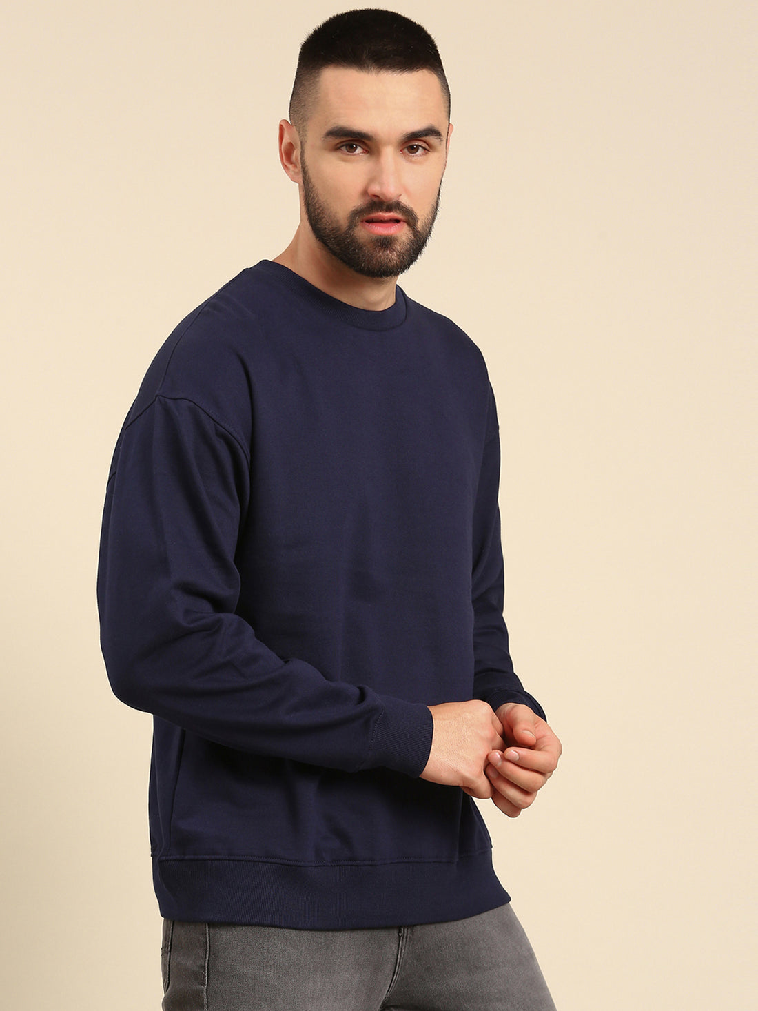 Winter Essentials: Navy Solid Oversized drop shoulder Sweatshirt