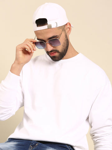 Winter Essentials: White Solid Oversized drop shoulder Sweatshirt