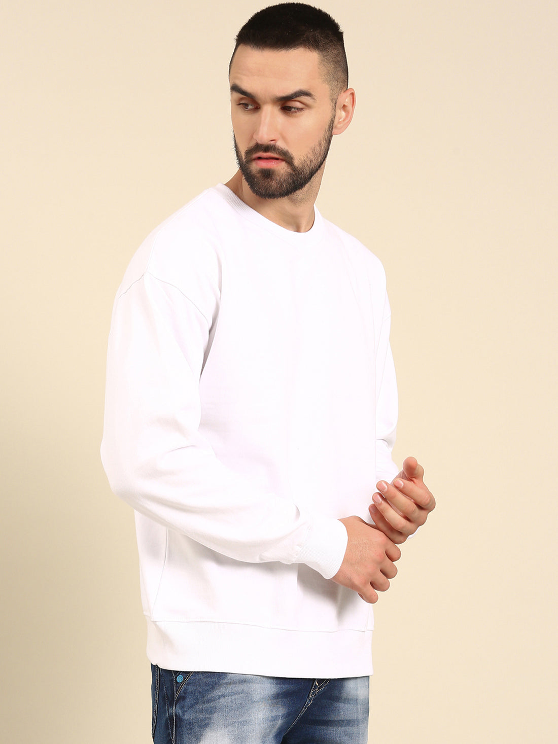 Winter Essentials: White Solid Oversized drop shoulder Sweatshirt