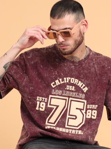 California 75: Burgundy Typography Print Acid Wash Oversized Tshirt