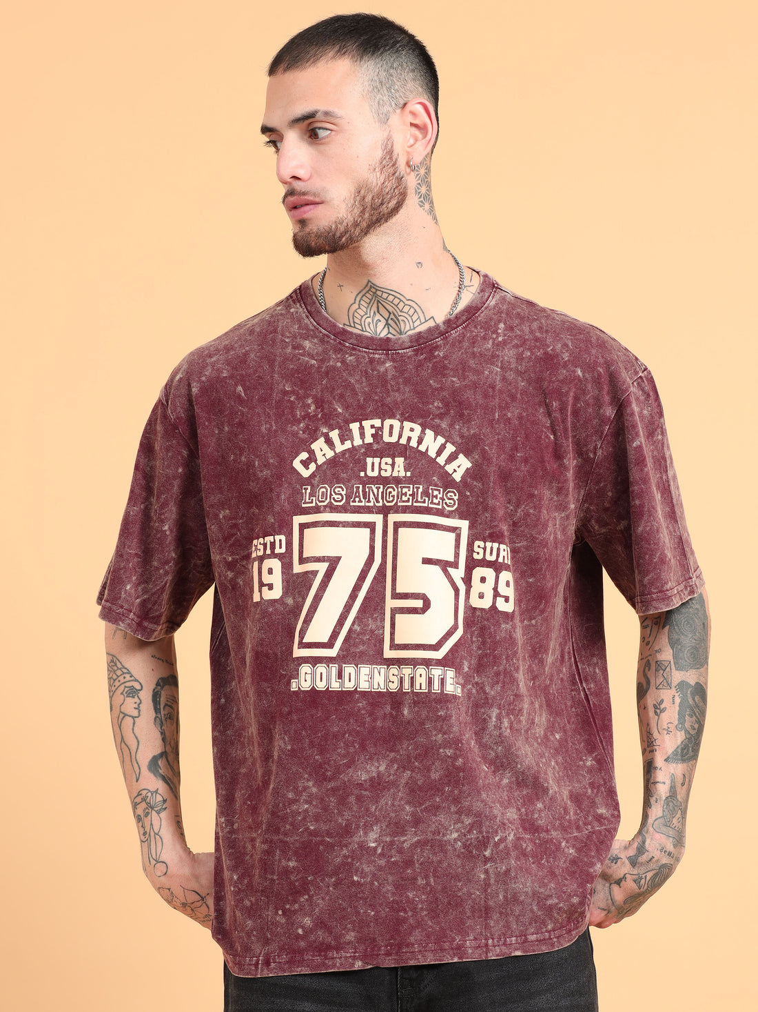 California 75: Burgundy Typography Print Acid Wash Oversized Tshirt