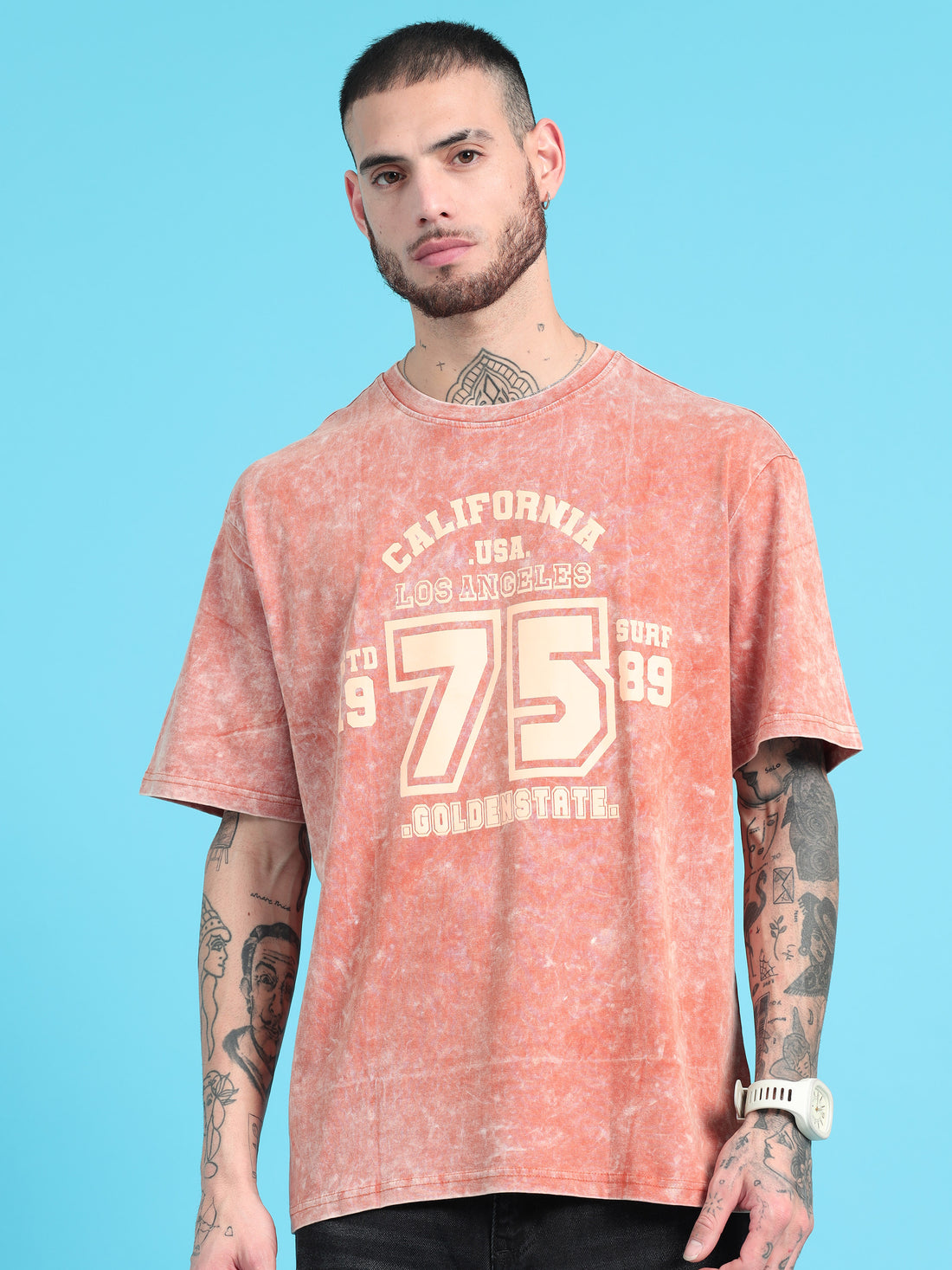 California 75: Rust Typography Print Acid Wash Oversized Tshirt