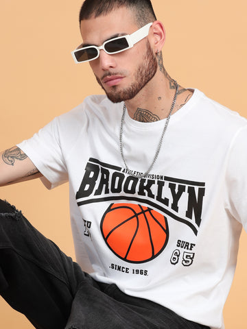 Brooklyn Basketball: White Typography Print Regular Fit Tshirt