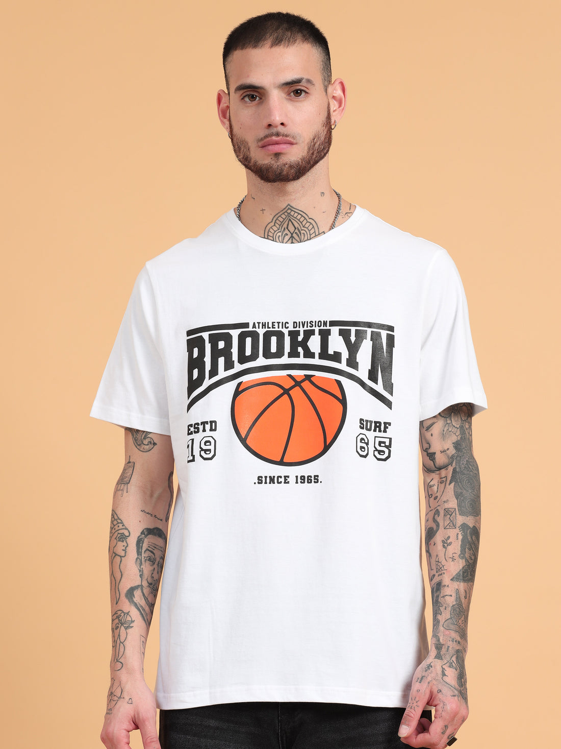 Brooklyn Basketball: White Typography Print Regular Fit Tshirt