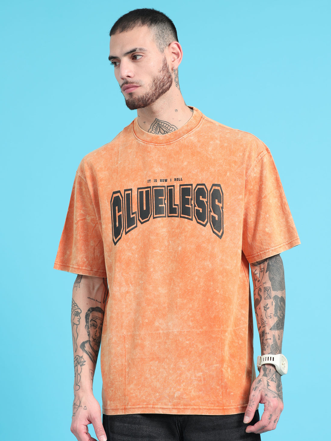 Clueless: Orange Typography Print Acid Wash Oversized Tshirt