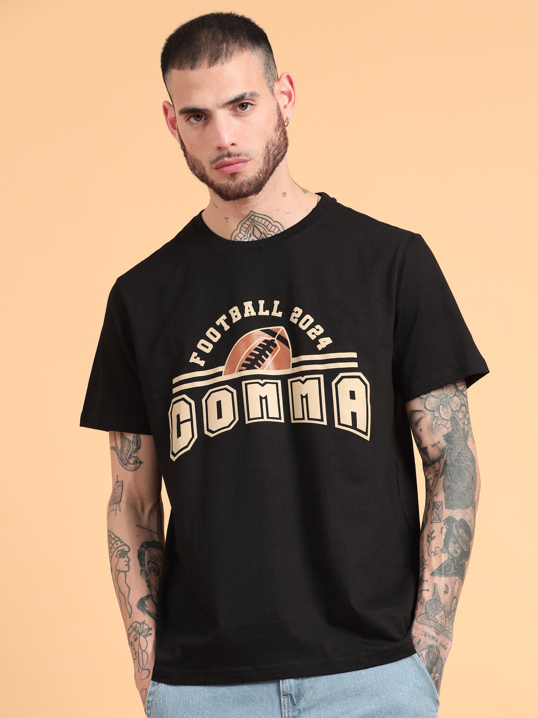 Football 2024: Black Typography Print Regular Fit Tshirt
