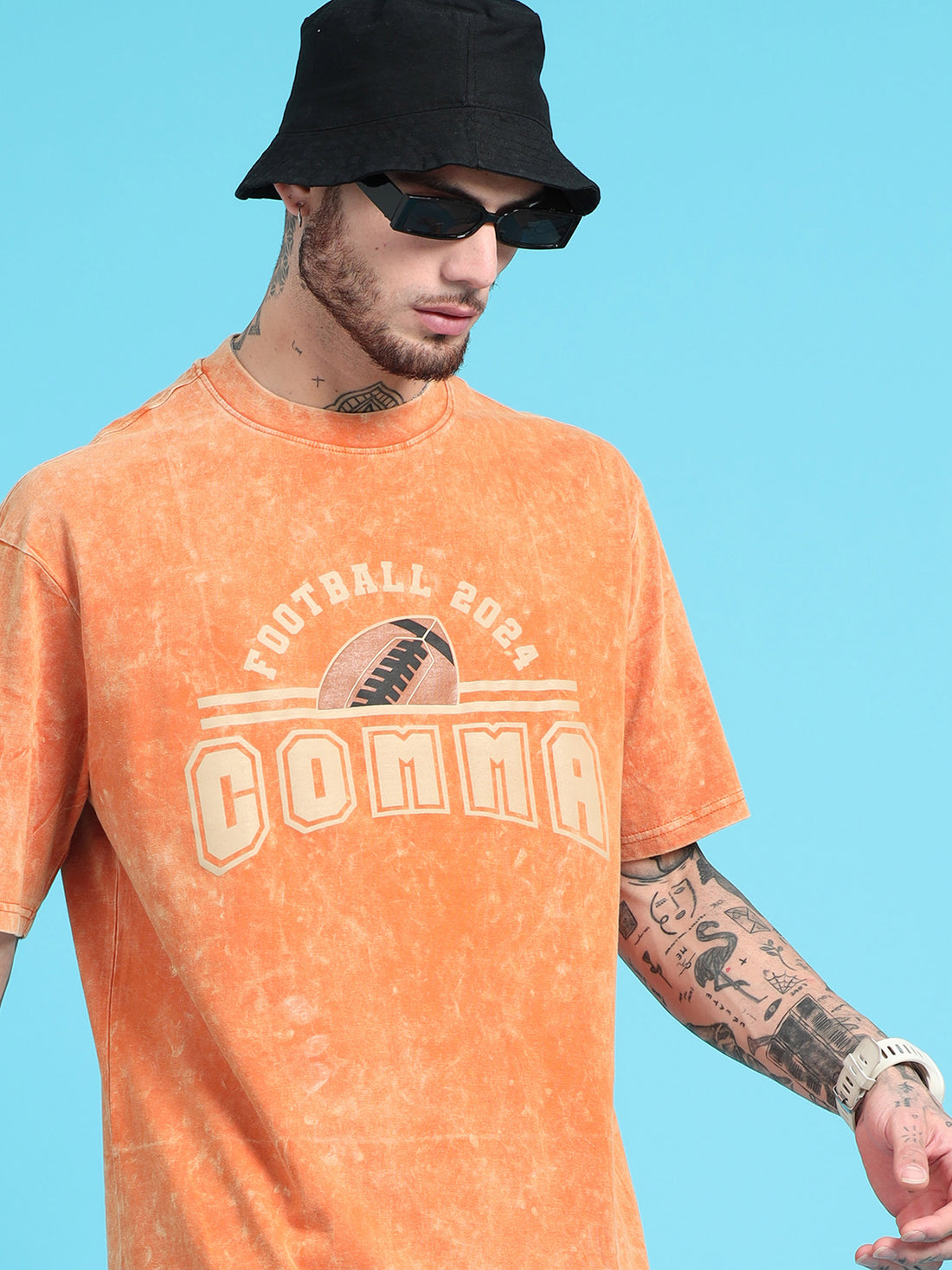 Football 2024: Orange Typography Print Acid Wash Oversized Tshirt