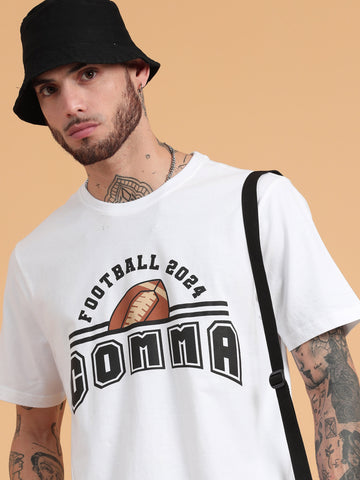 Football 2024: White Typography Print Regular Fit Tshirt