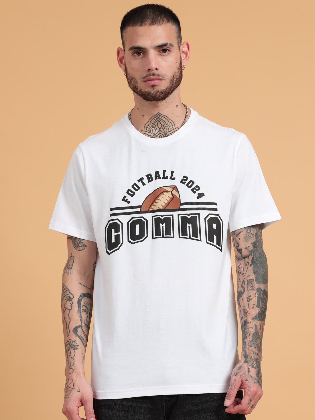 Football 2024: White Typography Print Regular Fit Tshirt