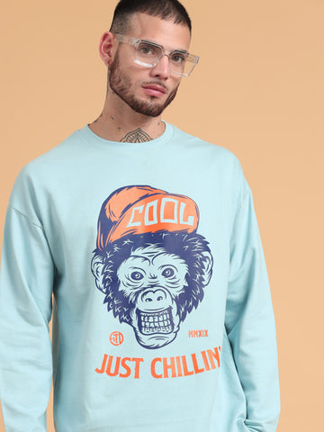 Just Chilling: Aqua Graphic Print Oversized full Sleeve