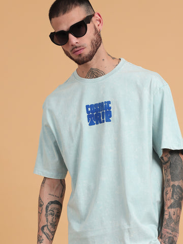 Cosmic Trip: Aqua Typography Print Acid Wash Oversized Tshirt
