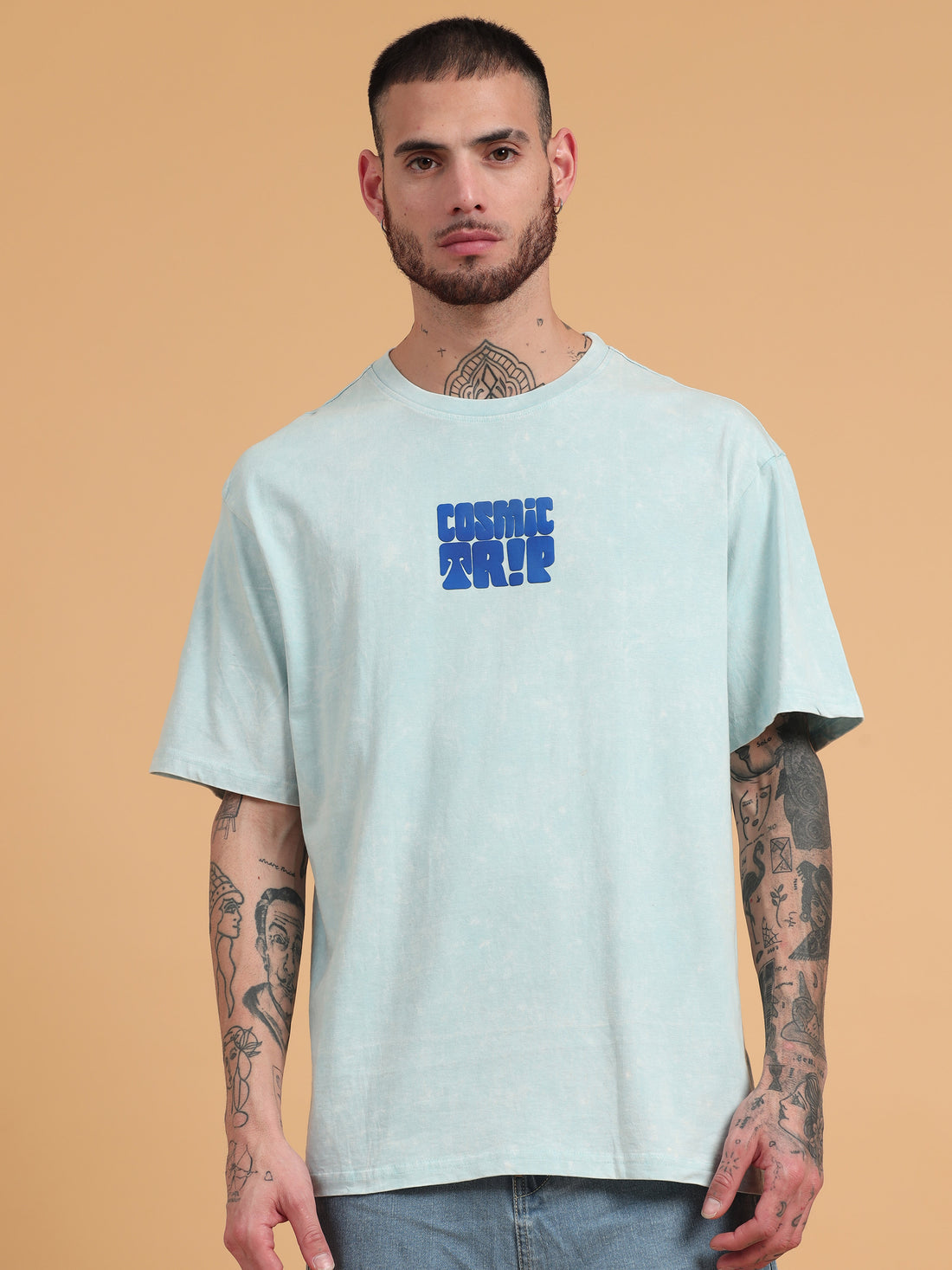 Cosmic Trip: Aqua Typography Print Acid Wash Oversized Tshirt