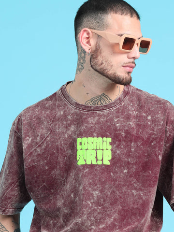 Cosmic Trip: Burgundy Typography Print Acid Wash Oversized Tshirt