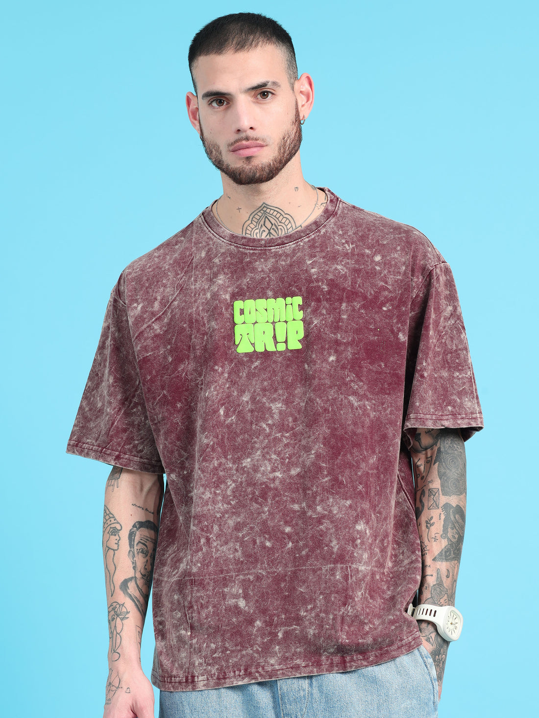 Cosmic Trip: Burgundy Typography Print Acid Wash Oversized Tshirt
