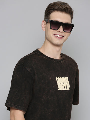 Black Typography COSMIC TRIP puff Print Acid Wash Oversized Tshirt