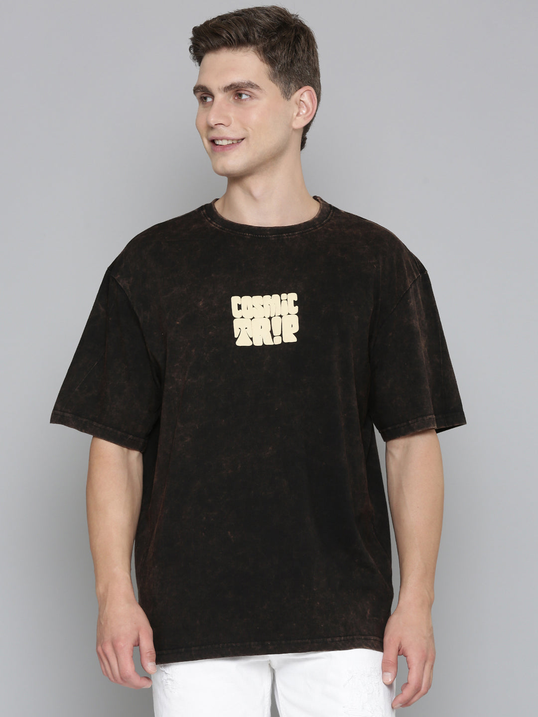 Black Typography COSMIC TRIP puff Print Acid Wash Oversized Tshirt