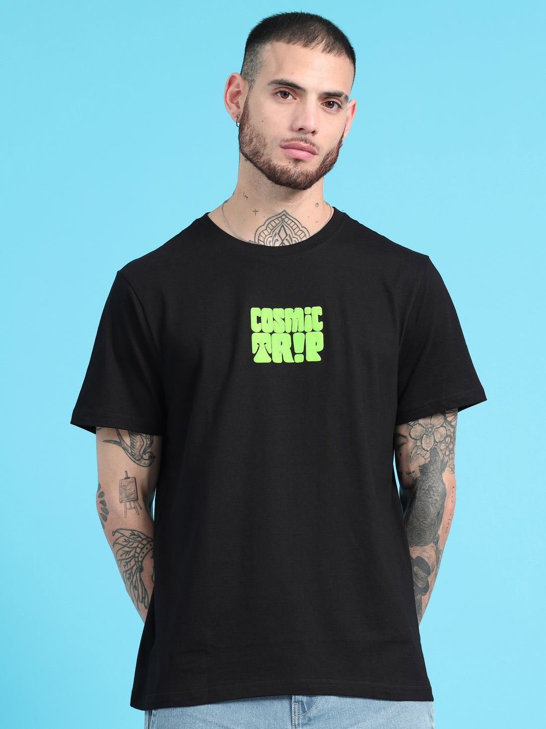 Cosmic Trip: Black Typography Print Regular Fit Tshirt