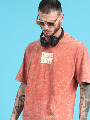 Cosmic Trip: Rust Typography Print Acid Wash Oversized Tshirt