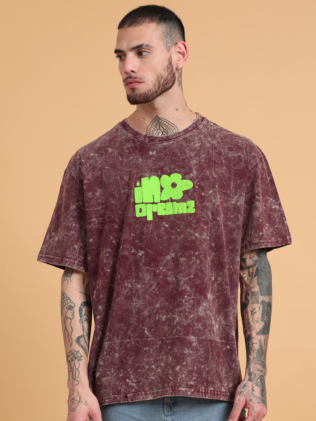 In Dreamz: Burgundy Typography Print Acid Wash Oversized Tshirt