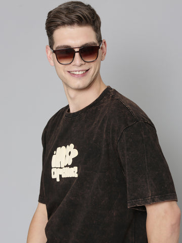 Black Typography puff Print Acid Wash Oversized Tshirt