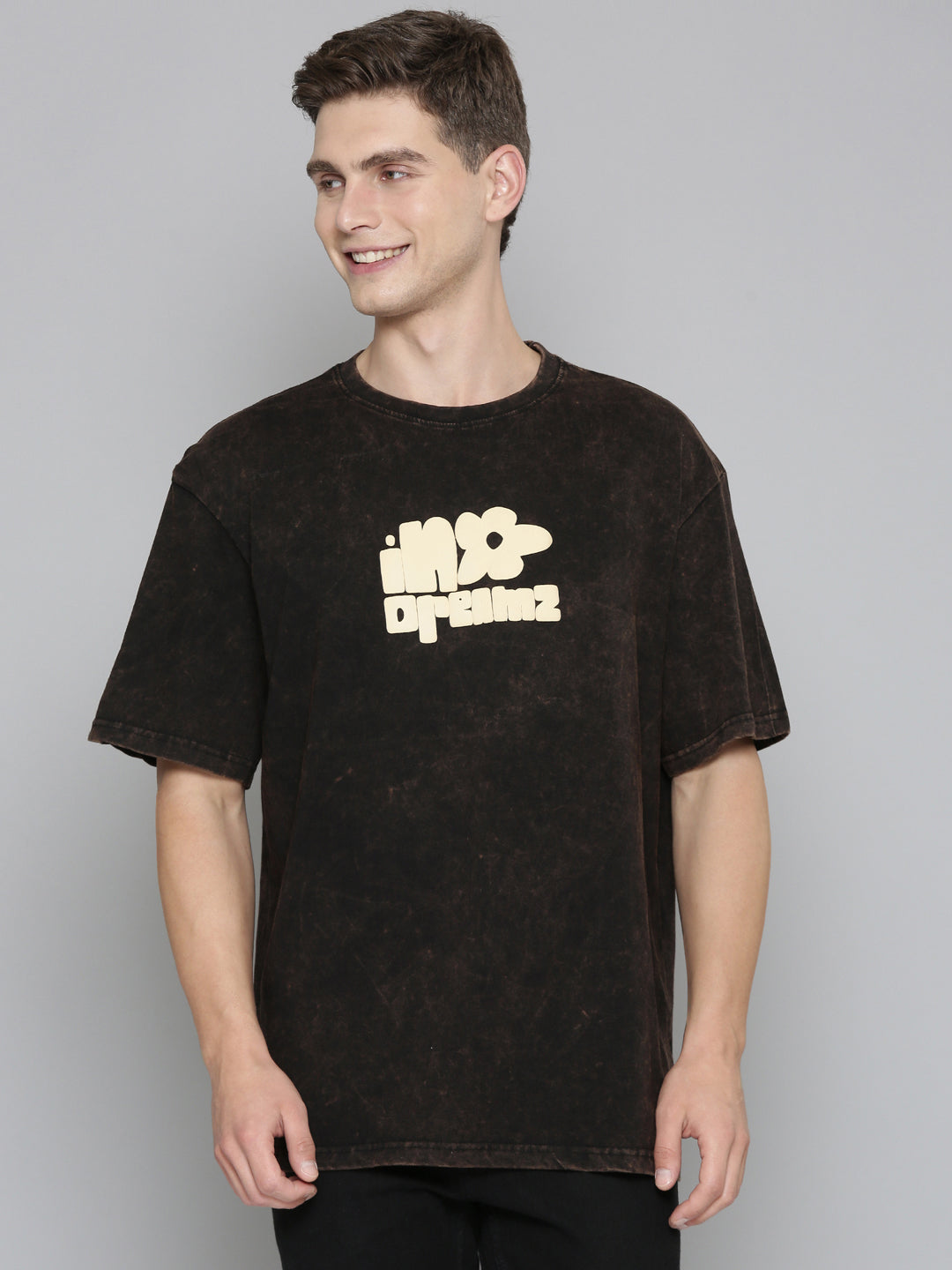 Black Typography puff Print Acid Wash Oversized Tshirt