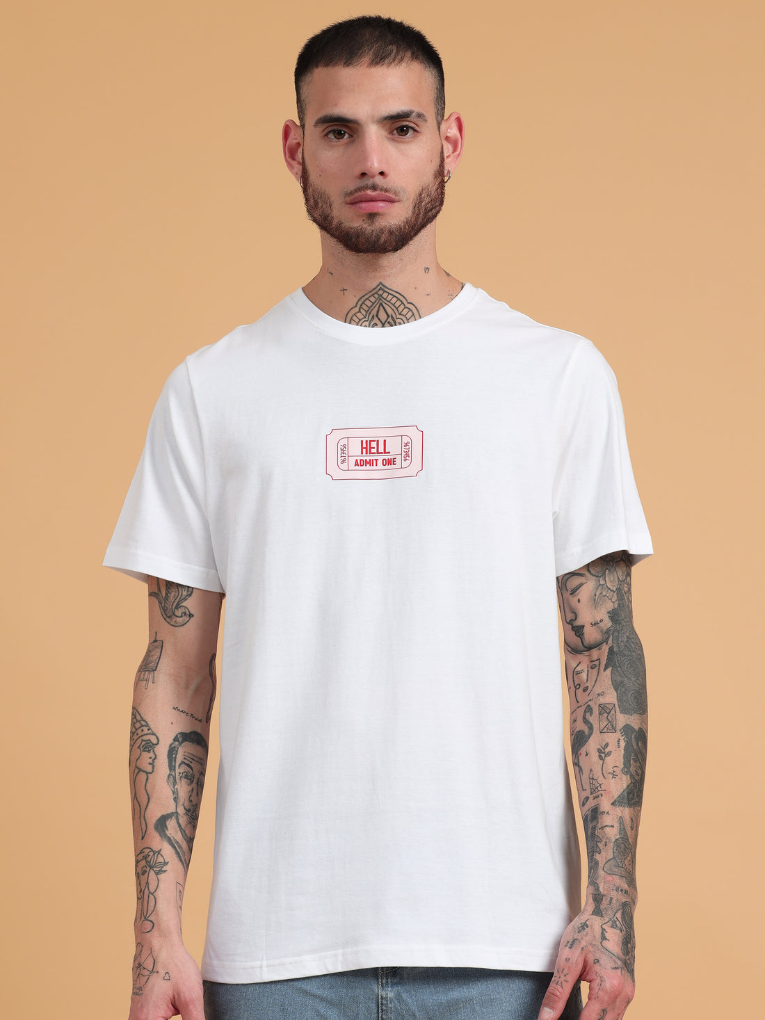 Ticket to Hell: White Graphic Print Regular Fit Tshirt