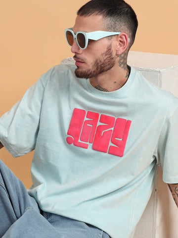 Lazy: Aqua Typography puff Print Acid Wash Oversized Tshirt