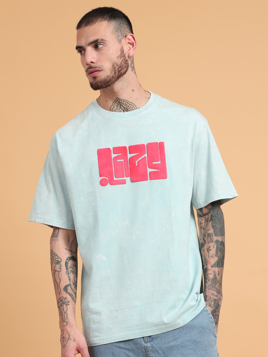 Lazy: Aqua Typography puff Print Acid Wash Oversized Tshirt