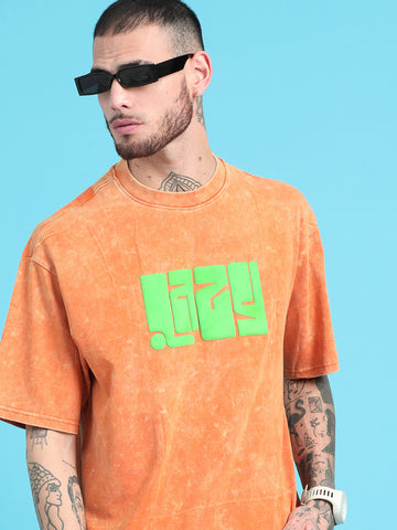 Lazy: Orange Typography puff Print Acid Wash Oversized Tshirt