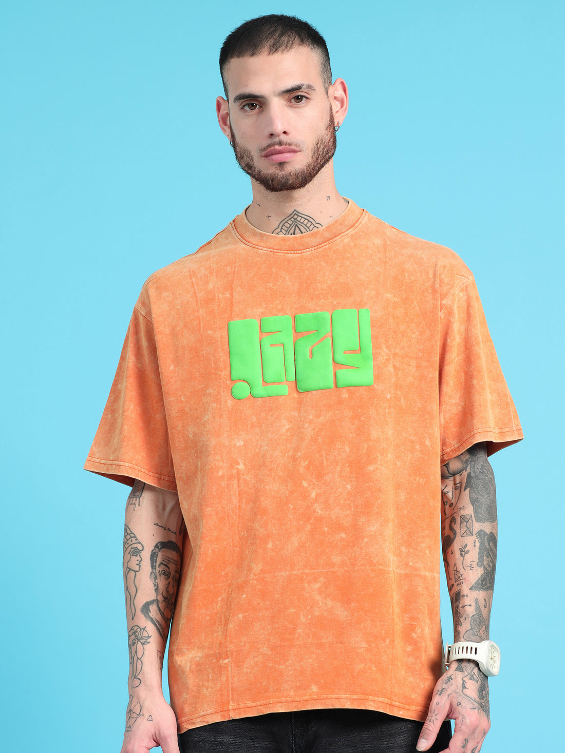 Lazy: Orange Typography puff Print Acid Wash Oversized Tshirt