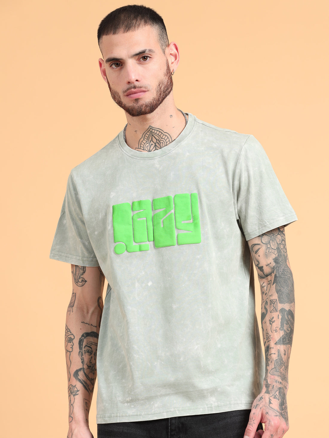 Lazy: Sage Typography puff Print Acid Wash Oversized Tshirt